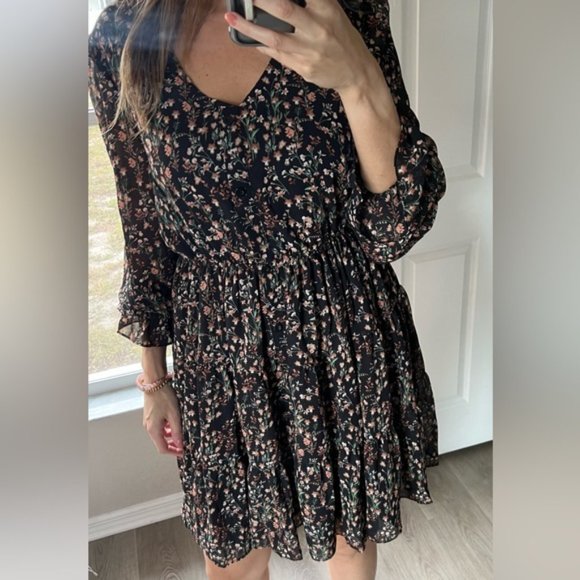 Amelia Black Floral Print Ruffled Puff Mini Dress - Picture 3 of 5